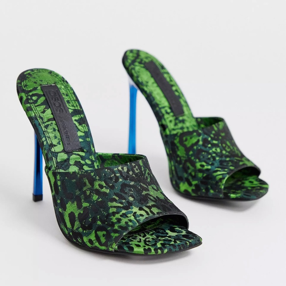Asos Green Leopard mules.
